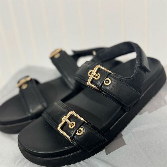 Madden Girl Black Double Buckle Sandals Women’s Size 7 Gold Hardware Slip On - Picture 1 of 6